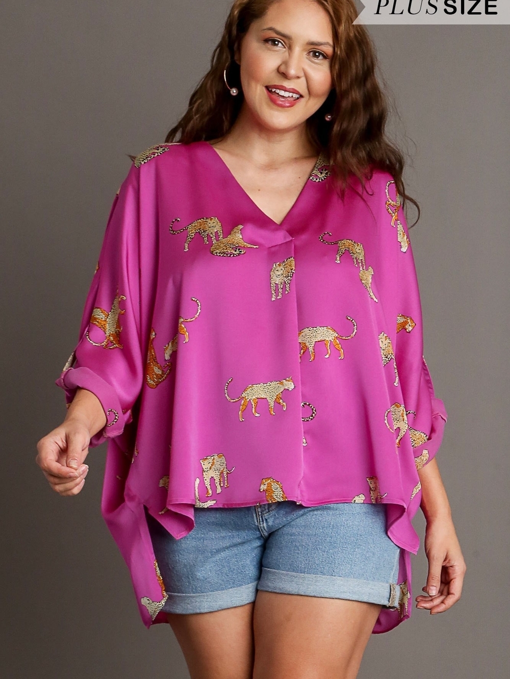Women's V-Neck Leopard Print Blouse - Fuchsia